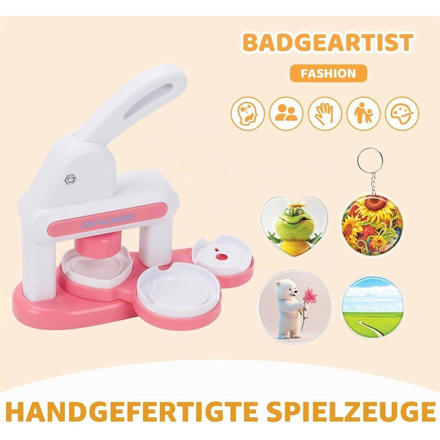Spielzeug-Abzeichen-Maker-Set mit weiß-rosa Presse, Beispiel-Herz- und Rundenabzeichen und „BADGEARTIST FASHION