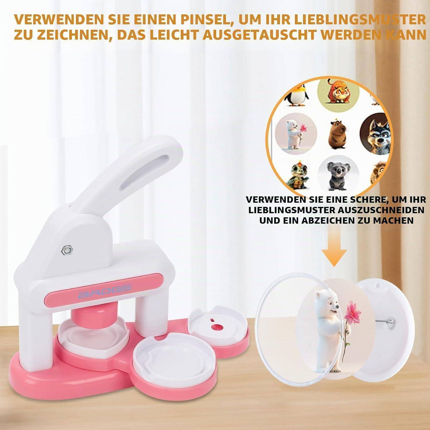 Illustration einer Abzeichenmaschine mit Anleitung in Deutscher Sprache zum Drucken eines Lieblingsmusters, Ausschneiden mit einer Schere und Anfertigung eines Ansteckabzeichens.