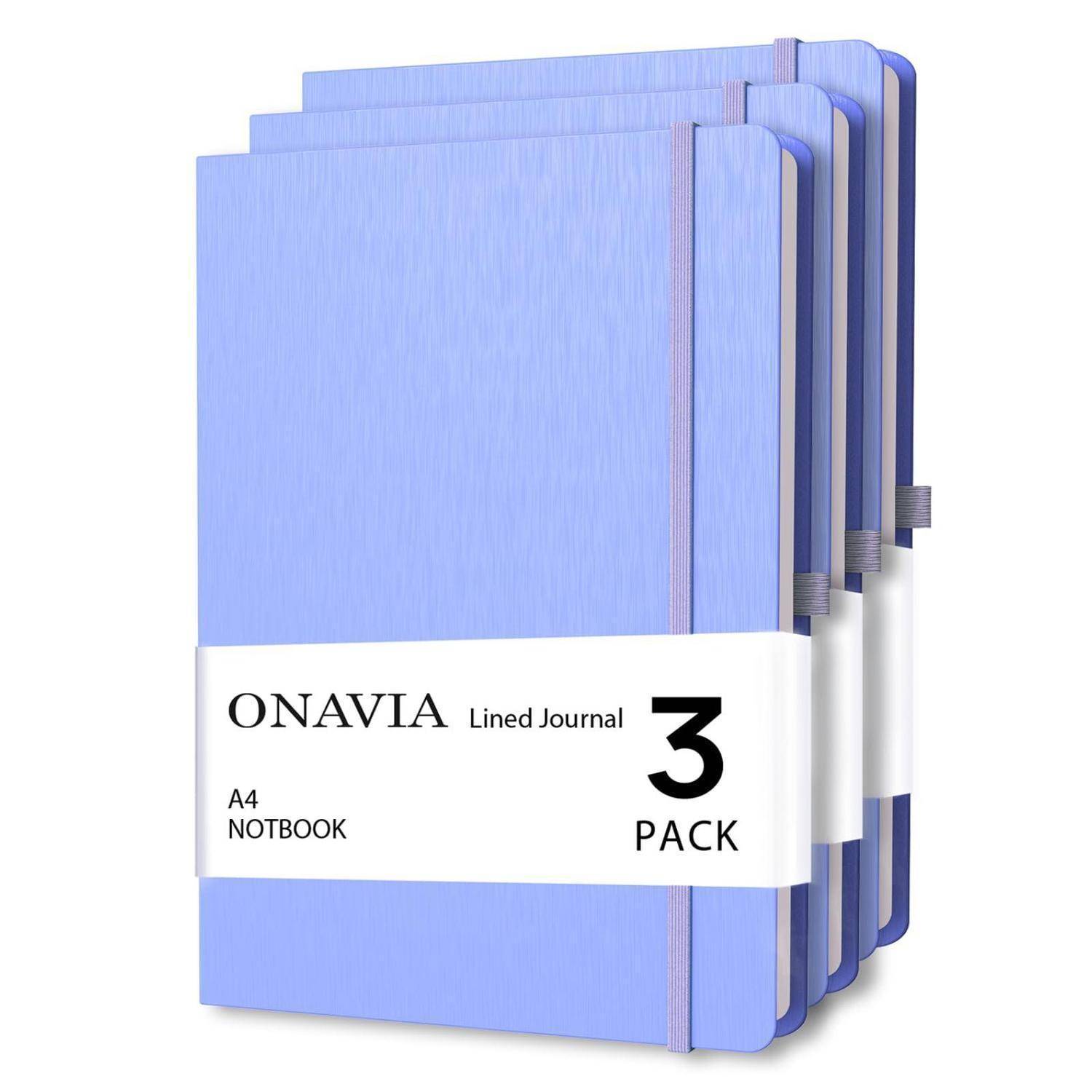 Dreierpack blauer A4-Notizbücher mit Linien, beschriftet mit „ONAVIA