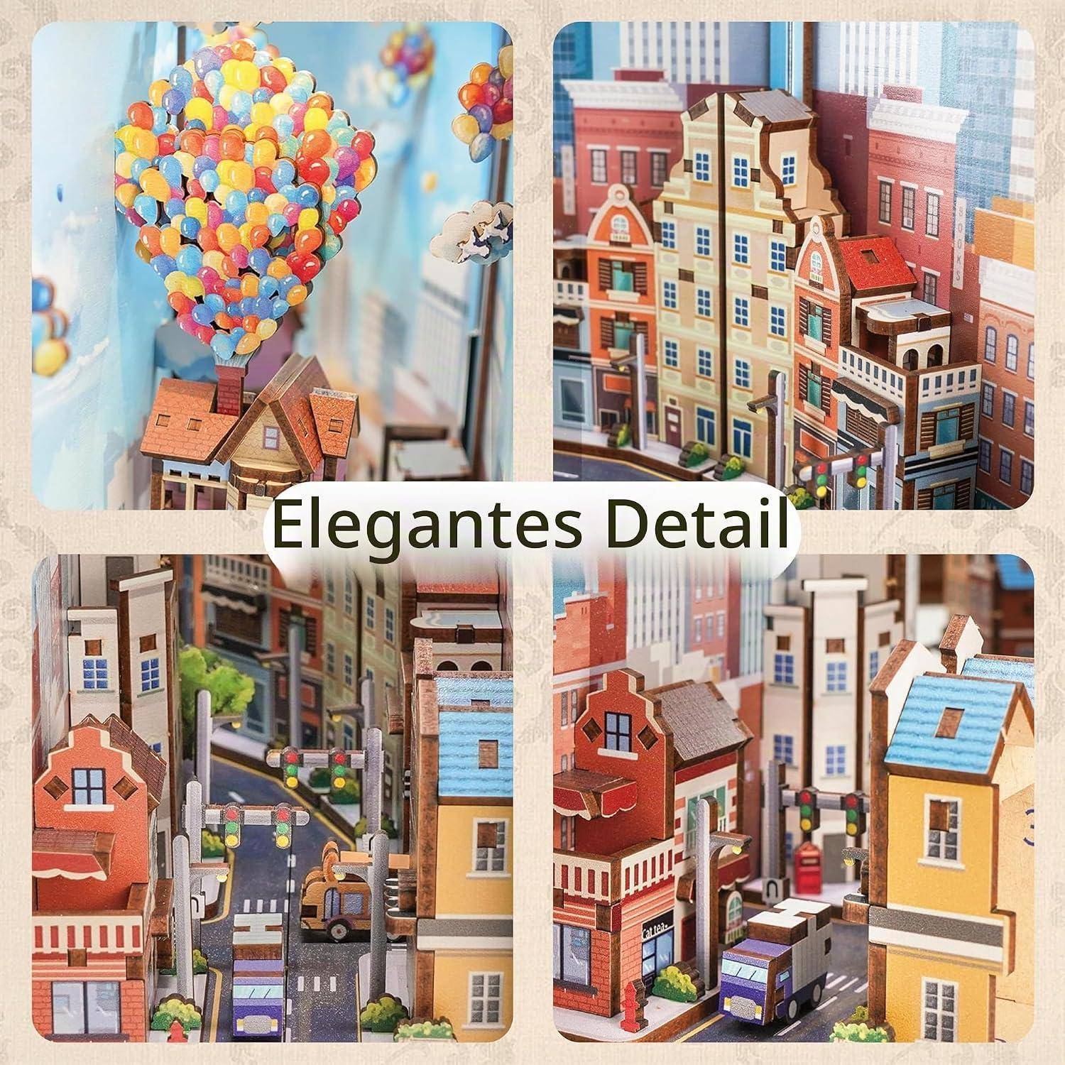 Collage aus bunten miniaturgroßen europäischen Gebäuden und Straßenszenen, mit einem Heißluftballon über Modellhäusern und dem Text „Elegantes Detail