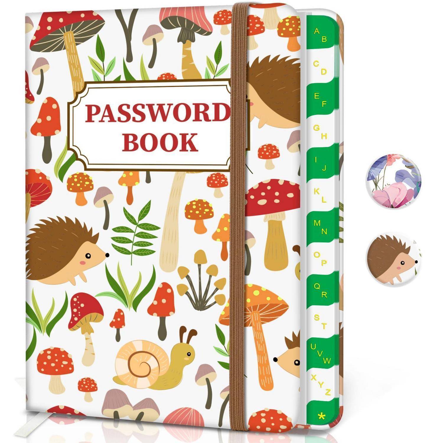 Bebildertes Passwortbuch mit Pilz-, Igel- und Schneckenmuster; Registerreiter A-Z an der Seite.