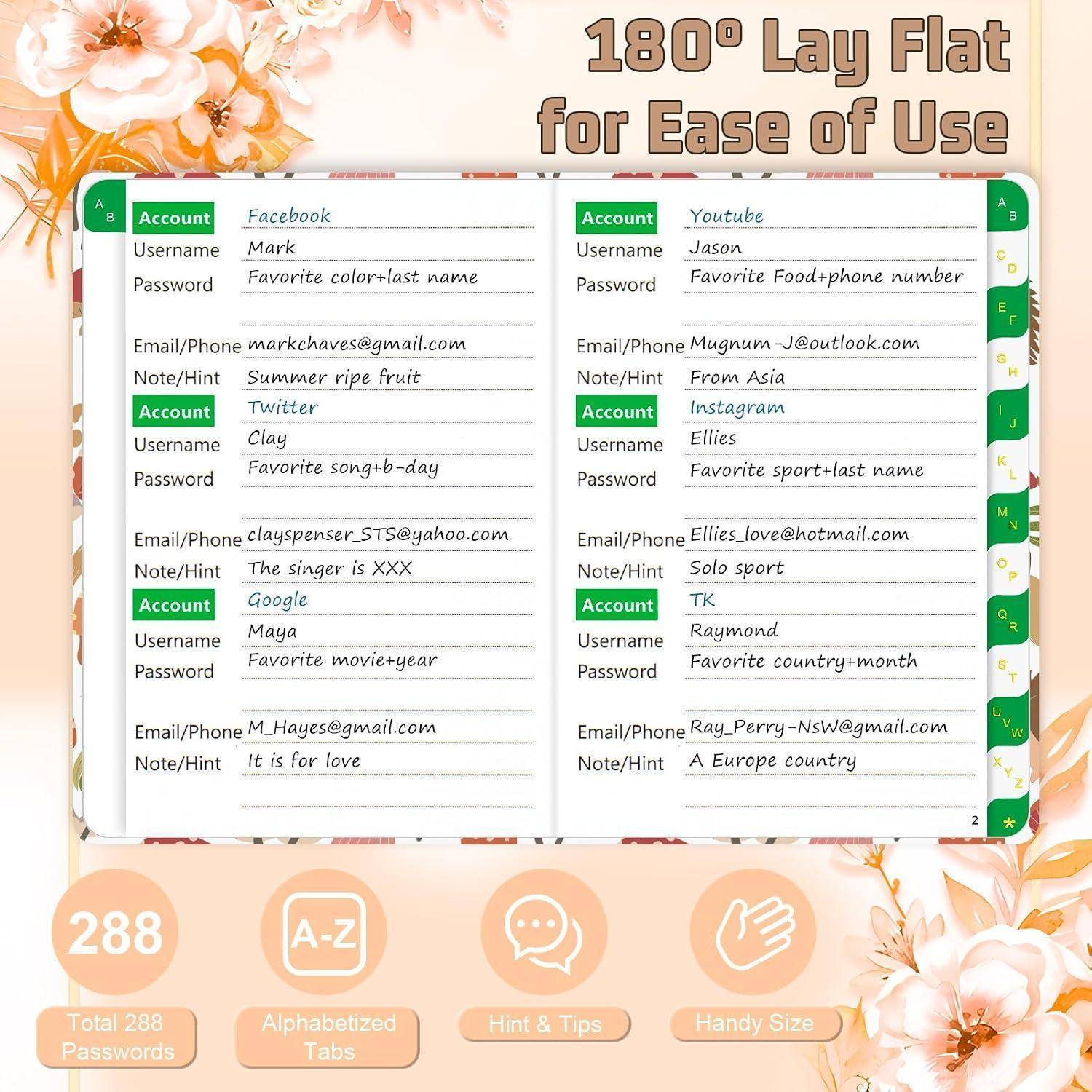 Offene Notizbuchseite mit 180° Flachland-Passwortvorlagenseiten mit Beispieleinträgen für Konto, Benutzername, Passwort, E-Mail und Hinweis.
