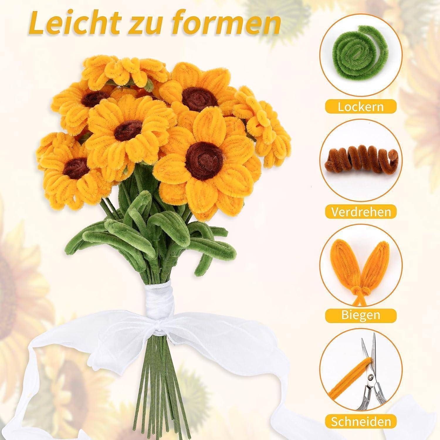 Handwerklich gefertigter Blumenstrauß aus gelben Blumen mit grünen Stielen und weißem Band, gezeigt mit Schrittesymbolen mit den Aufschriften „Lockern", „Verdrehen"", „Biegen"" und „Schneiden"".