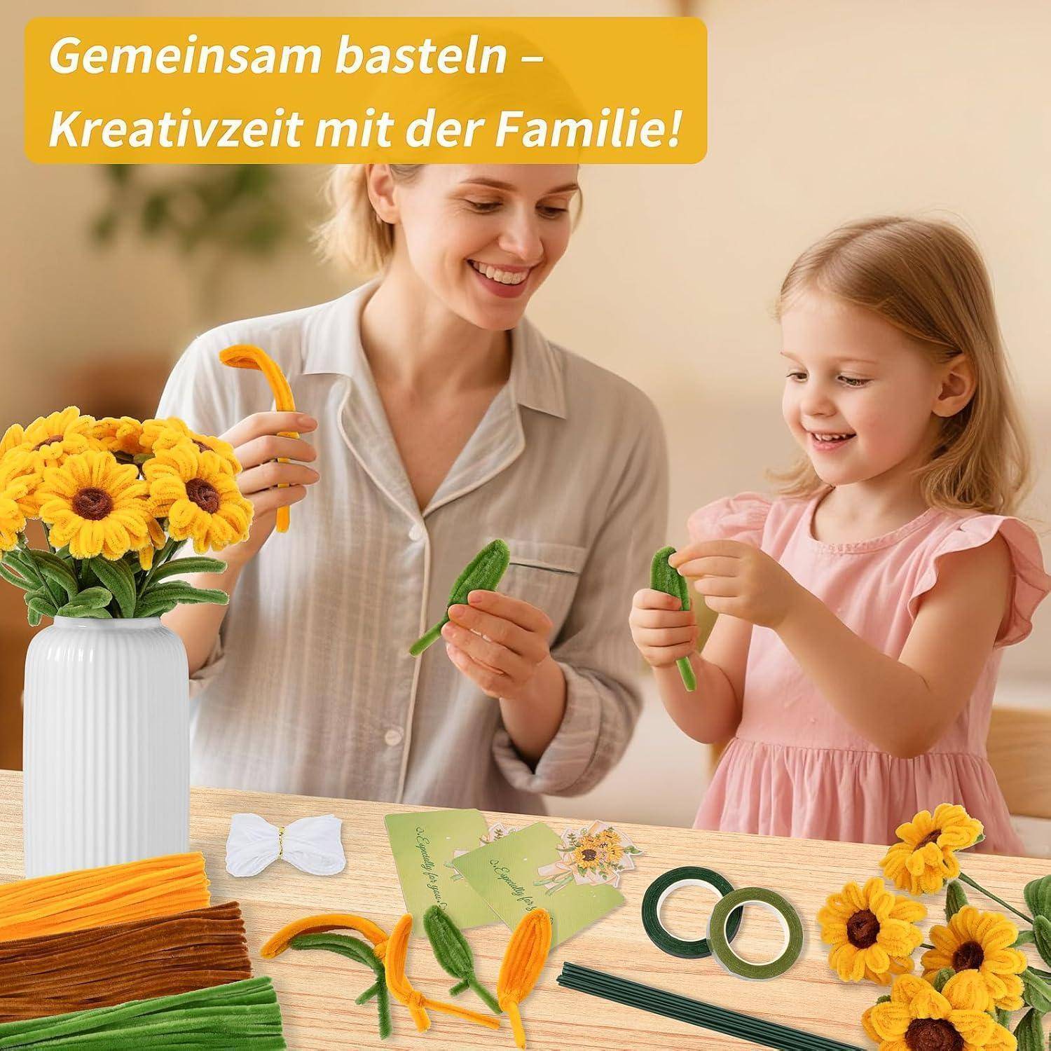Mutter und junges Mädchen basteln Blumendekoration an einem Tisch, mit deutschem Text, der lautet „Gemeinsam basteln – Kreativität mit der Familie!"