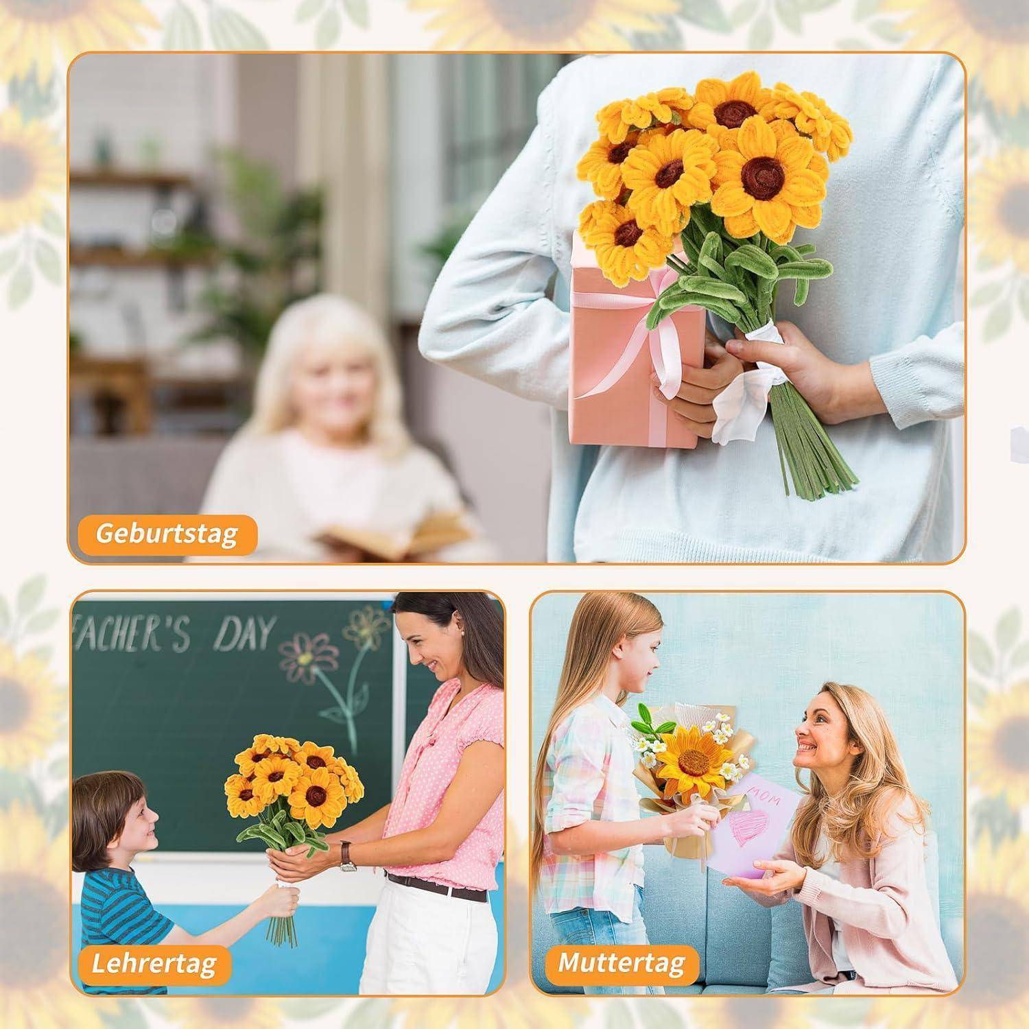 Collage aus drei Szenen der Geschenkverteilung mit den Bezeichnungen „Geburtstag", „Lehrertag"" und „Muttertag"": eine Person, die Sonnenblumen hält, ein Kind, das einer Lehrerin Blumen schenkt, und ein Kind, das einer lächelnden Mutter Blumen schenkt.