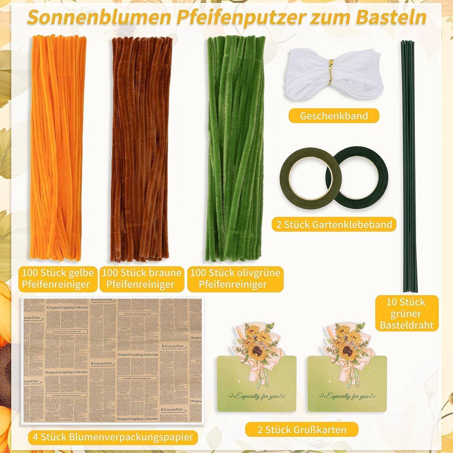 Bastelset-Inhalt für „Sonnenblumen Pfeifenputzer zum Basteln": 300 Pfeifenputzer in Gelb, Braun und Olivgrün, Schleifenband, Gärtnertape, grüner Draht, Geschenkpapier und 2 Grußkarten.