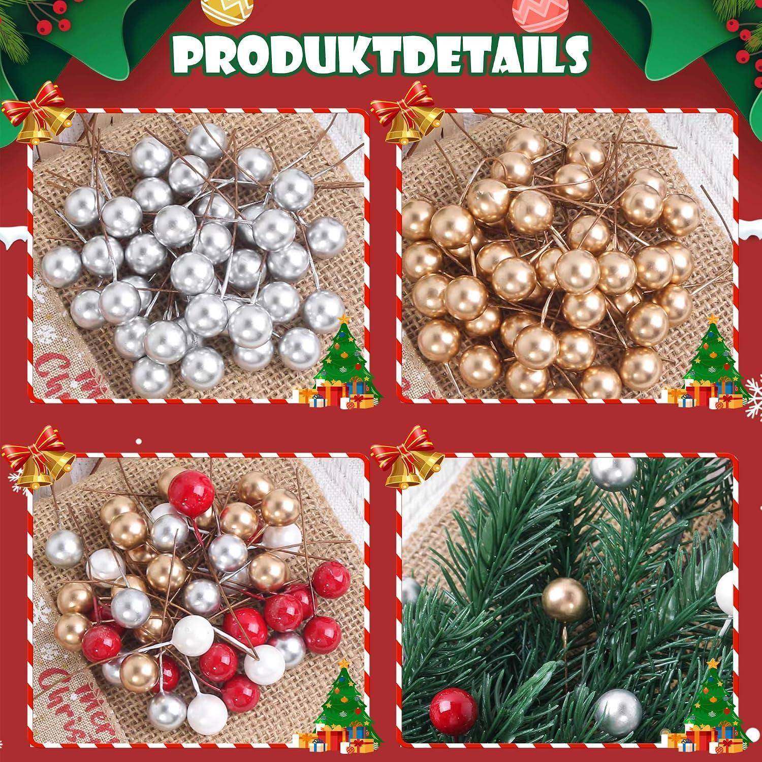 Produktdetails-Collage mit metallischen Weihnachtskugel-Picks in Silber, Gold und gemischtem Rot-Weiß-Gold auf Jute und einem dekorierten Baumzweig.