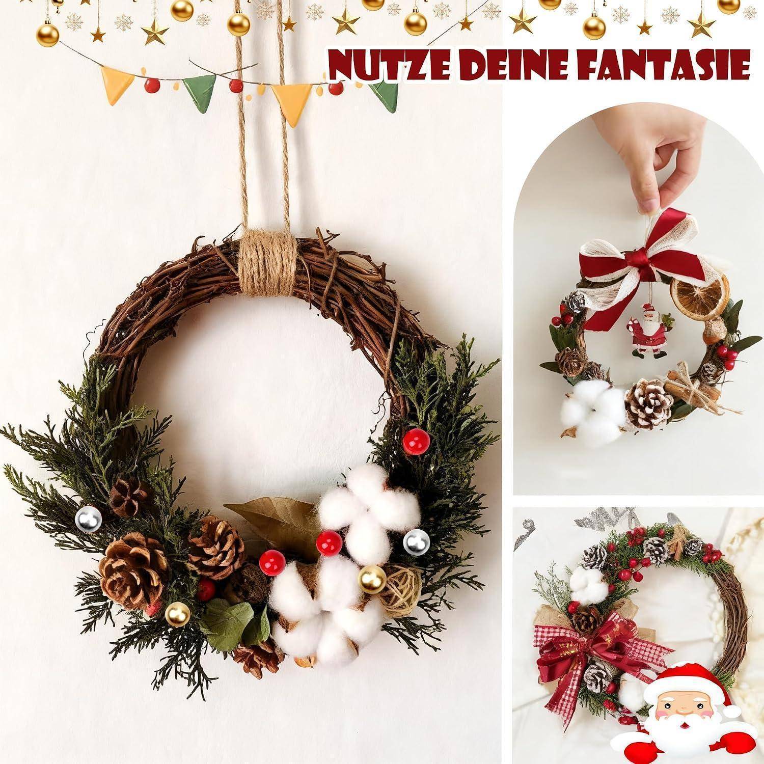 Collage von Weihnachtskranz-Bastelideen: ein Astenkranz, das mit Kiefernzapfen, Baumwolle, Beeren und einem Band dekoriert ist, plus kleinere fertige Kranzbeispiele.
