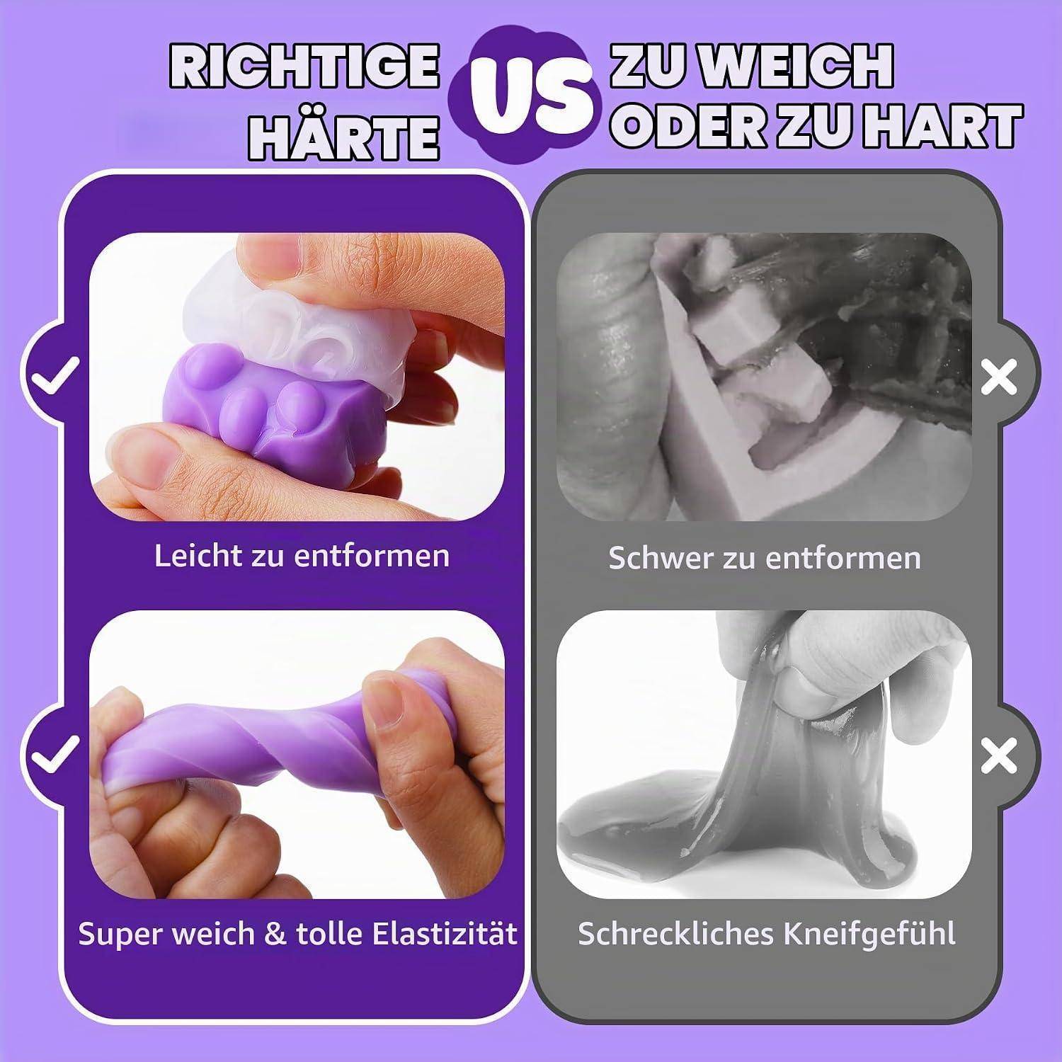 Infografik zum Vergleich der Schleim-Härte: Die richtige Textur ist leicht zu formen und sehr dehnbar, während zu weicher Schleim schwer zu formen ist und sich klebrig anfühlt.