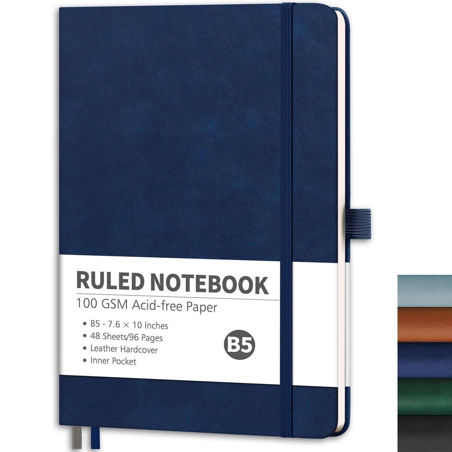 Marineblau liniertes Notizbuch mit Gummiband und Etikett mit der Aufschrift „LINIERTES NOTIZBUCH