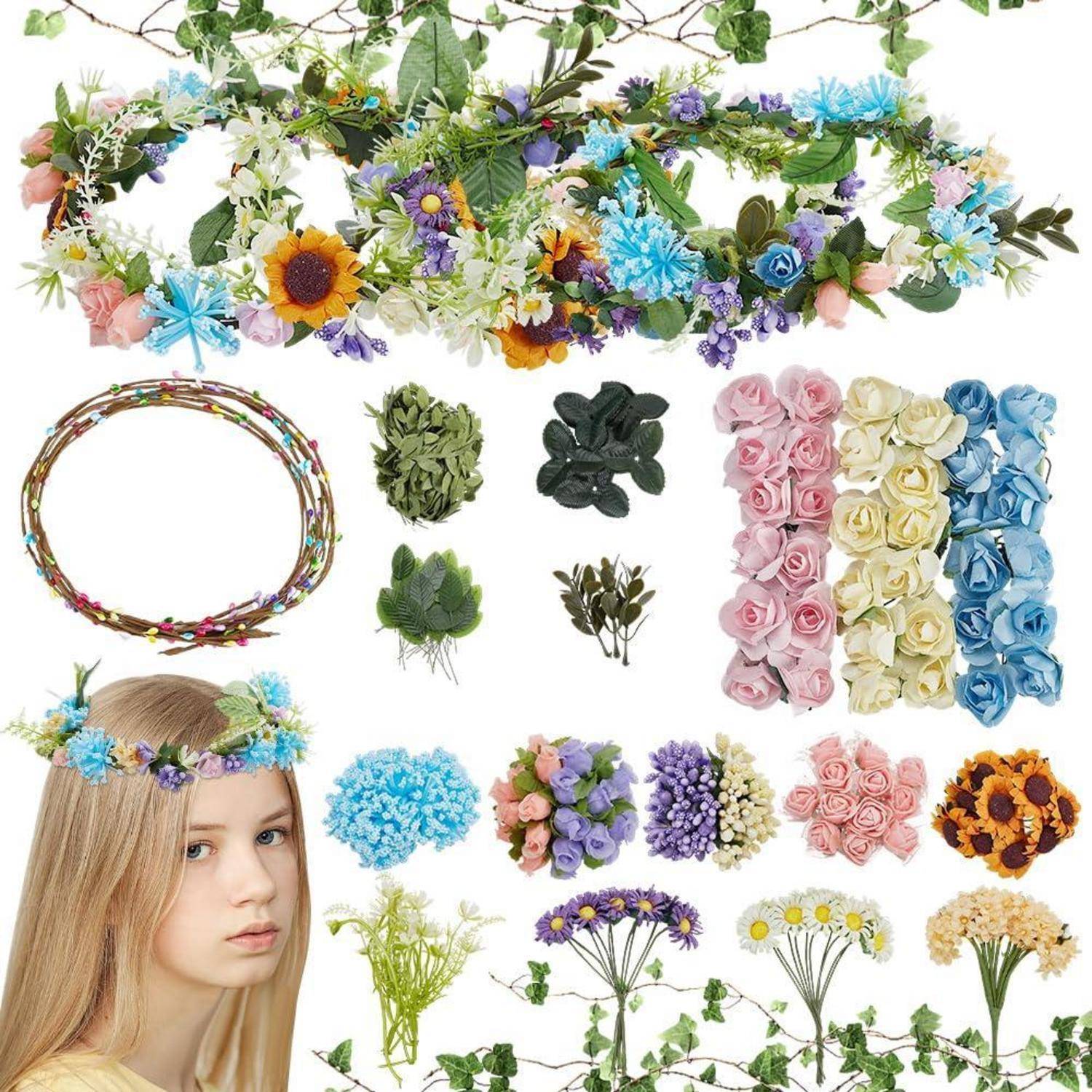 Collage von Blumenkränzen, Girlanden, künstlichen Blüten und einem Mädchen mit einem floralen Stirnband, das Bastel- und Kostümoptionen zeigt.