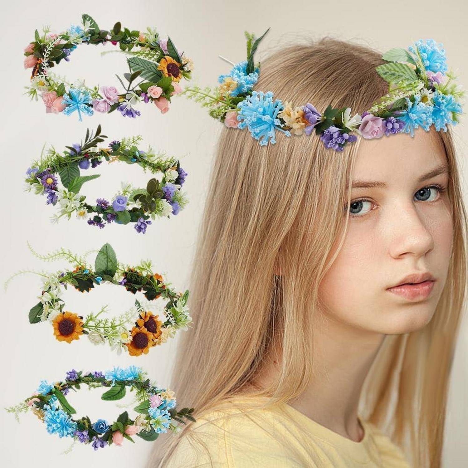 Blonde Mädchen mit einem blau-violetten Blumenkranz, mit vier alternativen Blumenkranz-Designs auf der linken Seite dargestellt.