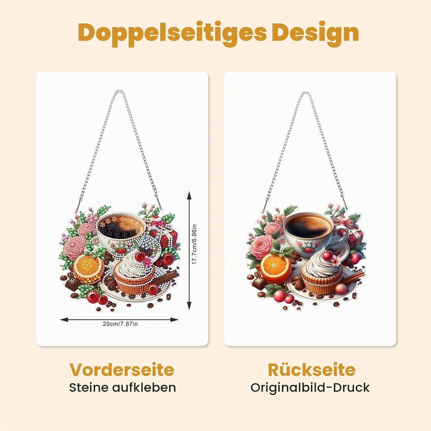 Vergleichsgrafik einer beidseitig aufhängbaren Dekoration: linke Vorderseite zum Aufkleben von Steinen, rechte Rückseite mit gedrucktem Originalbild, mit den Abmessungen 20 cm x 17,7 cm.