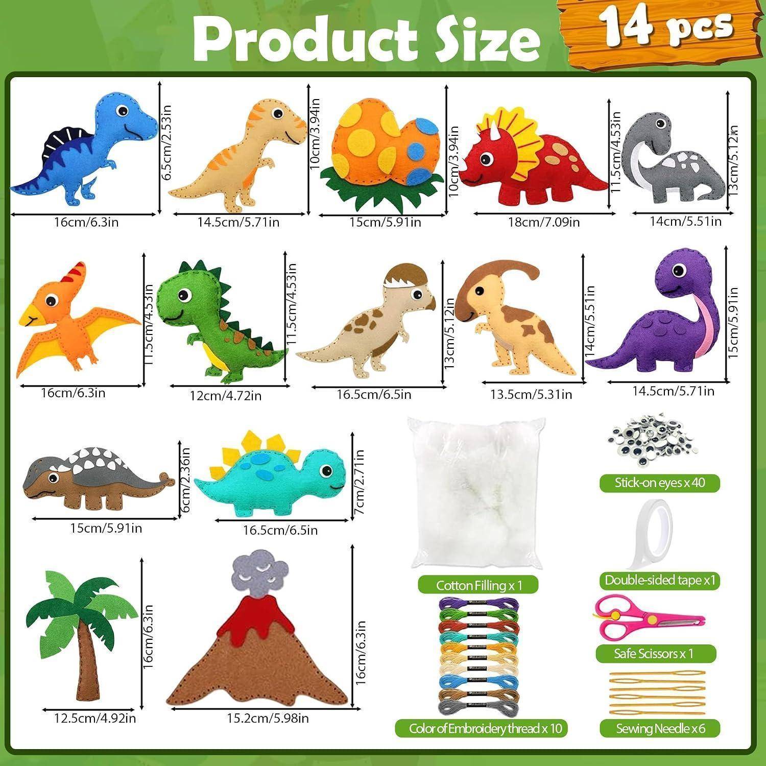 Größentabelle für 14 Filz-Dinosaurier-Bastelstücke mit Abmessungen, plus enthaltene Materialien: Baumwollwattierung, Wackelaugen, Klebeband, Schere, Nähnadeln und Stickgarn.