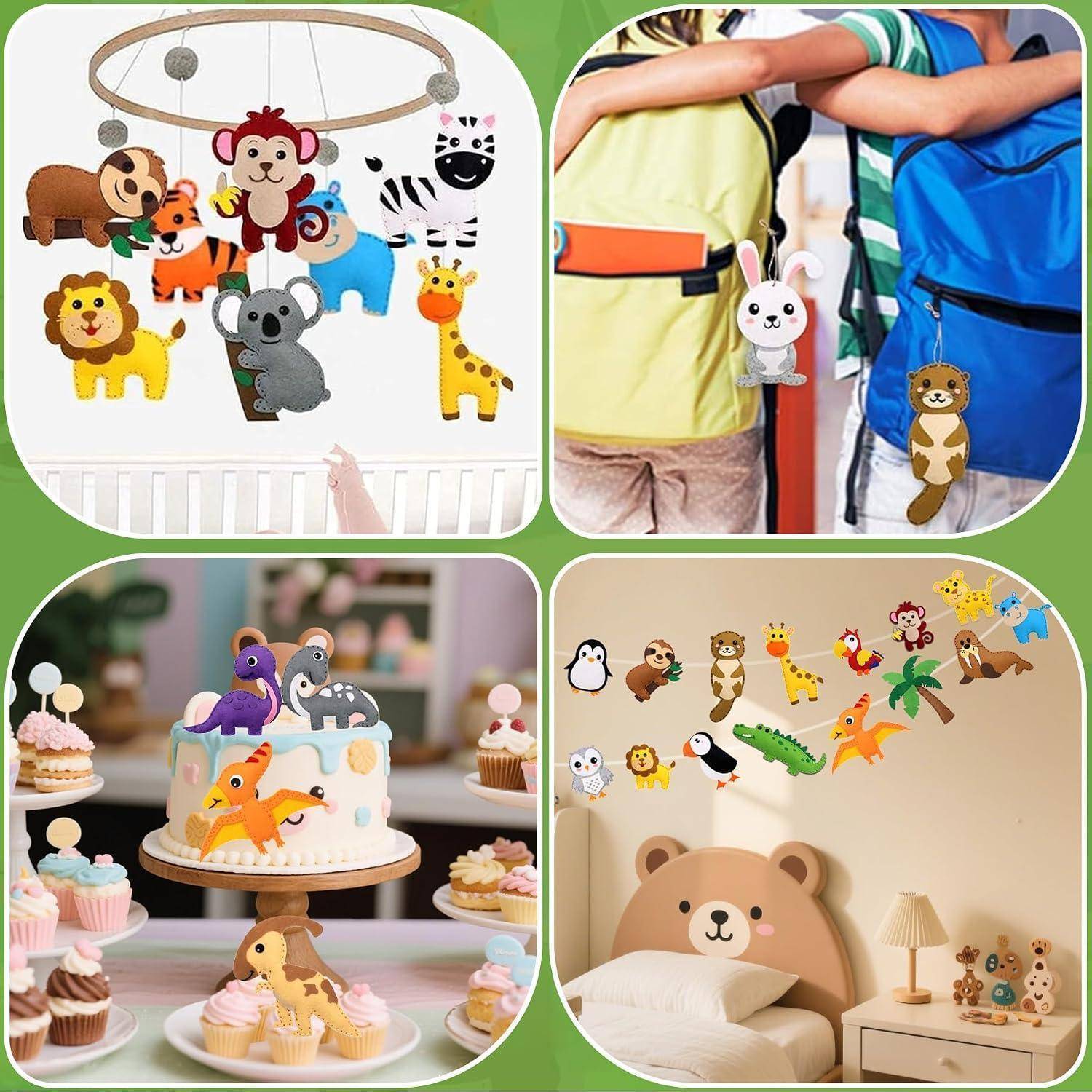 Collage aus Filz-Safari-Tierdekoration: ein Kinderbett-Mobile, Rucksack-Anhänger, ein Geburtstagstortenaufsatz-Set und Kinderzimmer-Wanddekoration mit Bärenbett-Kopfteil.