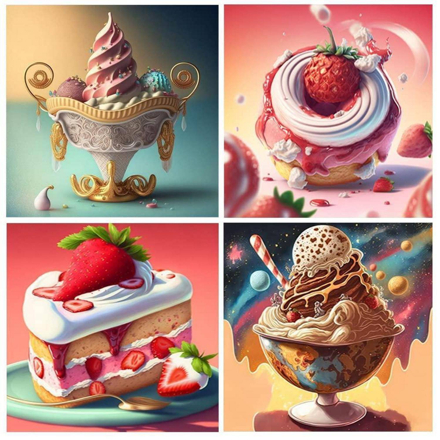 Vier farbenfrohe Illustrationen von extravaganten Erdbeerdesserts in verzierten Schüsseln und Kuchenstücken, angeordnet in einem 2x2-Raster.