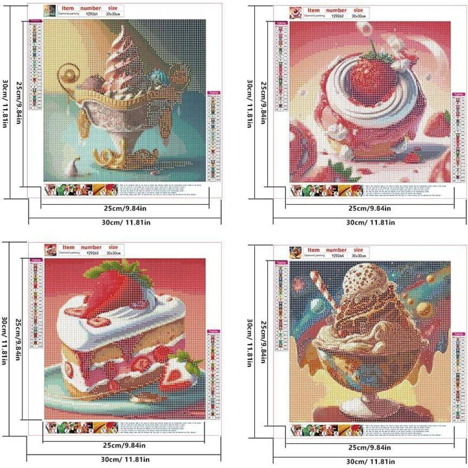 Vier Diamond-Painting-Set-Bilder mit dessertthematisierten Tassen und Kuchen, jeweils mit Größenmessungen, die um die quadratischen Leinwände herum angezeigt werden.