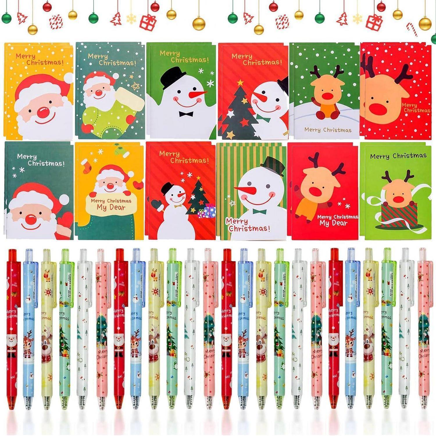 Festliche Weihnachtskarten-Designs mit Weihnachtsmann, Schneemann, Schneemann und Rentier-Illustrationen über einer Reihe von assotierten weihnachtsthematischen Stiften.