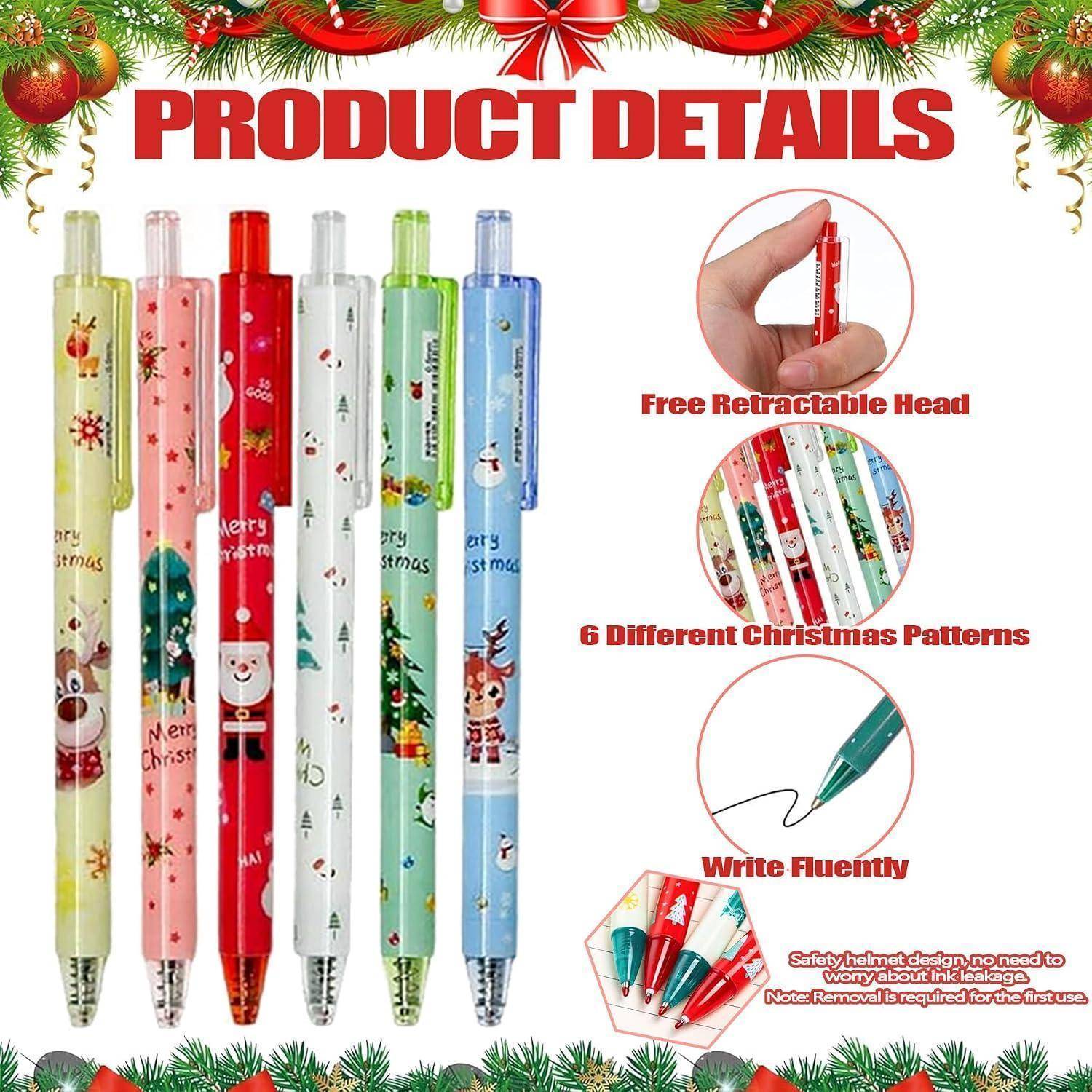 Weihnachtsthematische Kugelschreiber mit Einziehfunktion in sechs Designs, dargestellt mit Produktdetails und Pfeilen, die auf den einziehbaren Kopf, sanfte Schreibweise und das Sicherheitshelm-Design hinweisen.