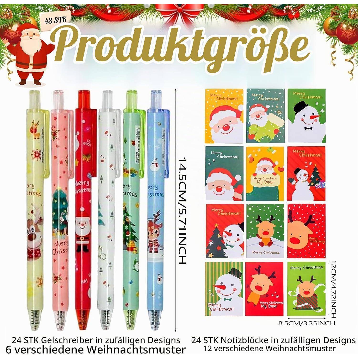 Weihnachtsprodukt-Grafik mit 24 Gelstiften und 24 Notizblöcken in verschiedenen festlichen Designs; Stifthöhe 14,5 cm, Blockgröße 12 x 8,5 cm.