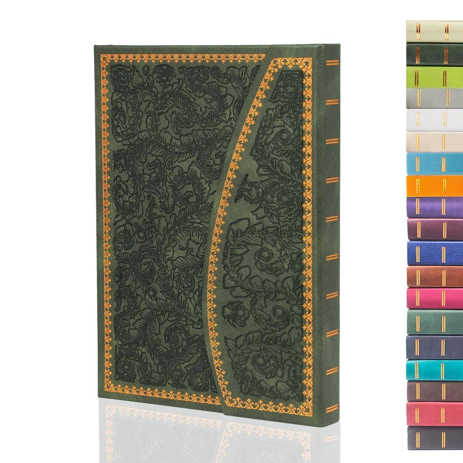 Dekoratives Hardcover-Buch mit dunkelgrünem gemustertem Einband und orangefarbiger Bordüre, dargestellt in einem katalogartigen Produktbild mit Farbmustern auf der rechten Seite.
