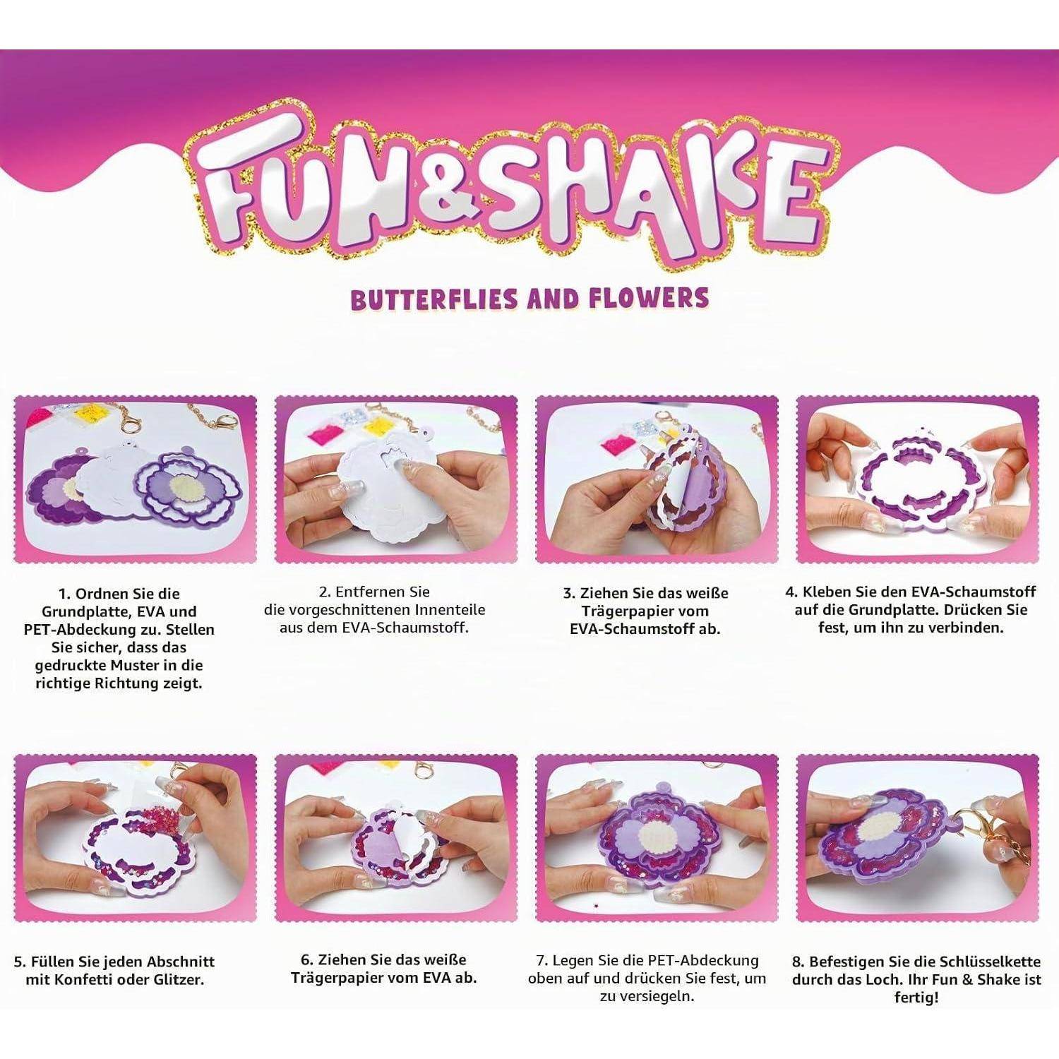 Afufu Shake-its Glitzer Bastelset, DIY Schlüsselanhänger Shaker Kit für Kinder 4-9 Jahre, Kreative Bastelaktivität mit Glitzer Blumen & Schmetterl