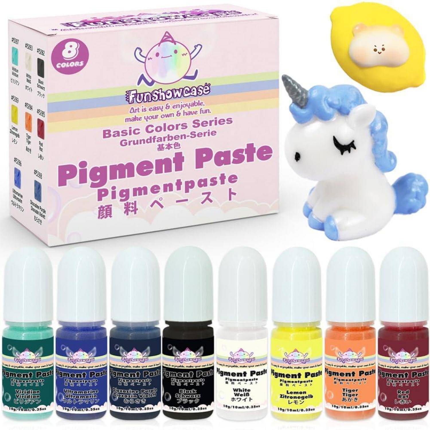 Boxed Funshowcase Pigmentpaste-Set mit 8 Farben, Einhorn- und Wolken-Beispielfiguren sowie acht Pigmentpaste-Flaschen in einer Reihe darunter.