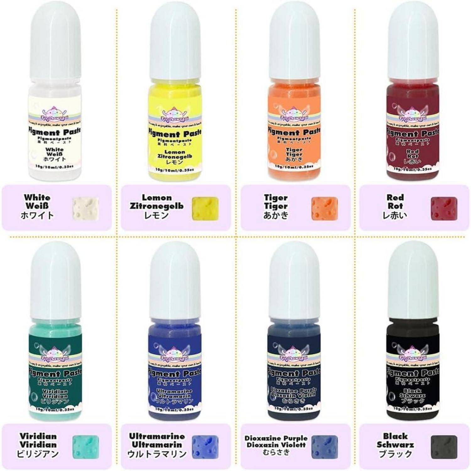 Farbmuster von acht Pigmentpastflaschen mit den Bezeichnungen Weiß, Zitrone, Tiger, Rot, Viridian, Ultramarinblau, Dioxazin-Violett und Schwarz, jeweils mit einem entsprechenden Farbmuster.