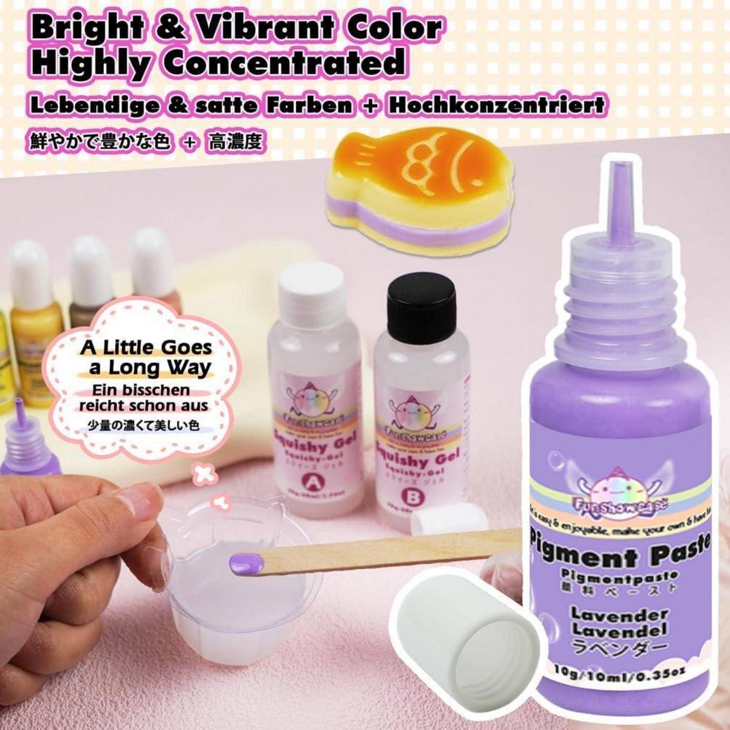 Werbebild für lila Farbpaste, das intensive konzentrierte Farbe zeigt und demonstriert, dass eine kleine Menge ausreicht, mit Anwendungsbeispielen und Flaschen.