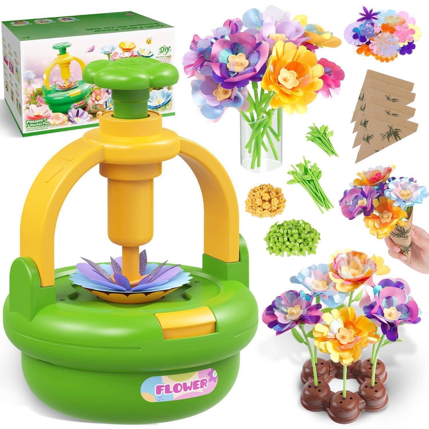 Spielzeug-Blumenmachine mit gelb-grüner Presse, Papierblütenteile, Stiele und Beispiele von zusammengestellten bunten Blumen und Blumensträußen.