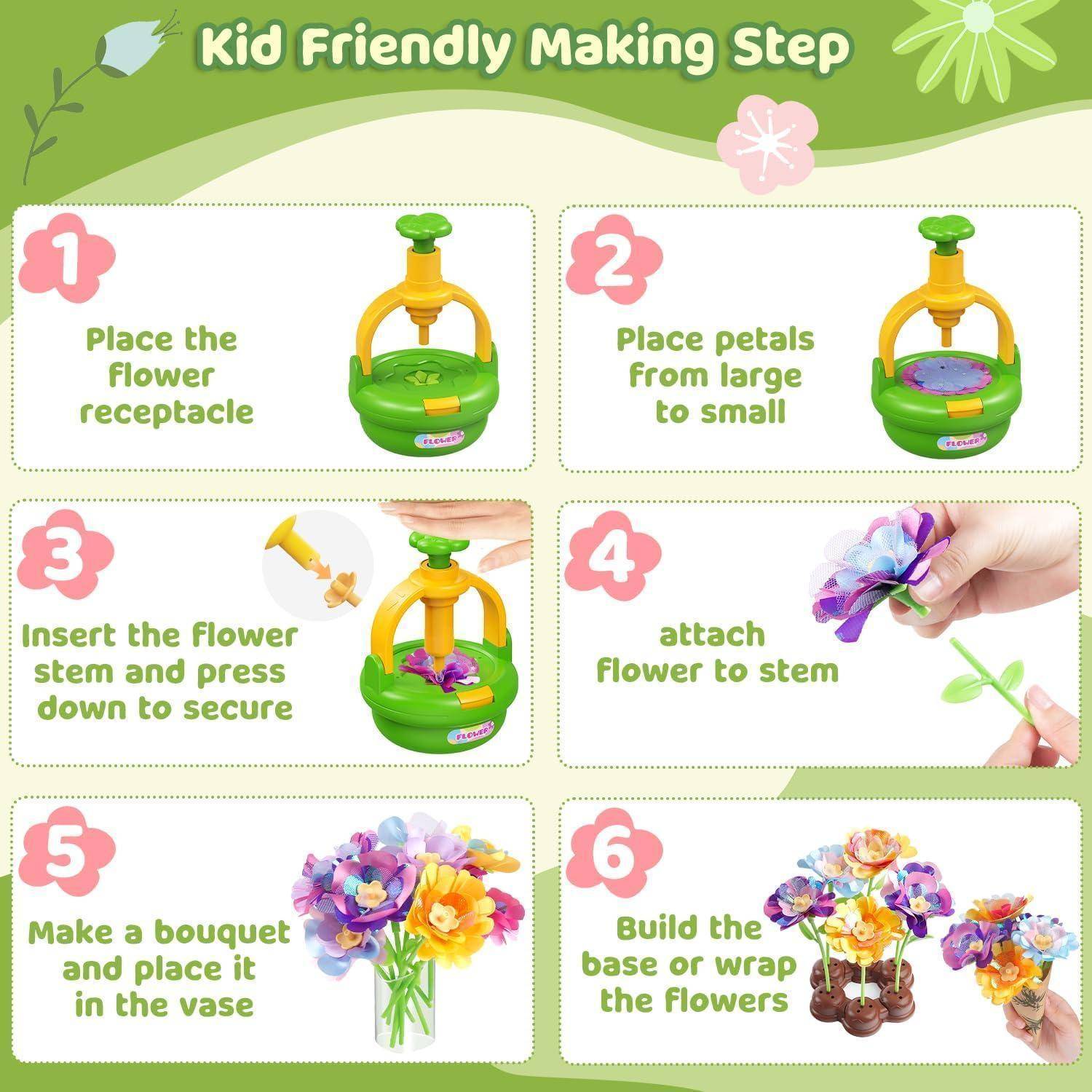 Sechsstufige kinderfreundliche Anleitung zur Blumenherstellung: Behälter platzieren, Blütenblätter hinzufügen, Stiel einführen, Blume befestigen, Strauß zusammenstellen und in einer Vase arrangieren.
