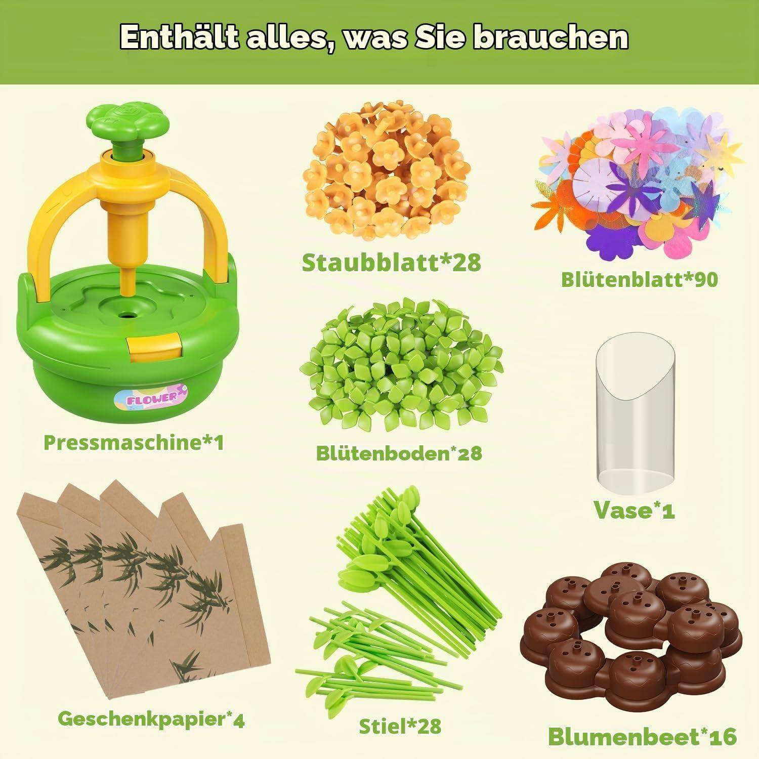 Blumenbastler-Set mit Inhalt, gezeigt mit einer Pressmaschine, 28 Blattteilen, 90 Blütenblättern, 28 Blütenbasen, 1 Vase, 4 Geschenkpapieren, 28 Stielen und 16 Blumenbeet-Teilen.