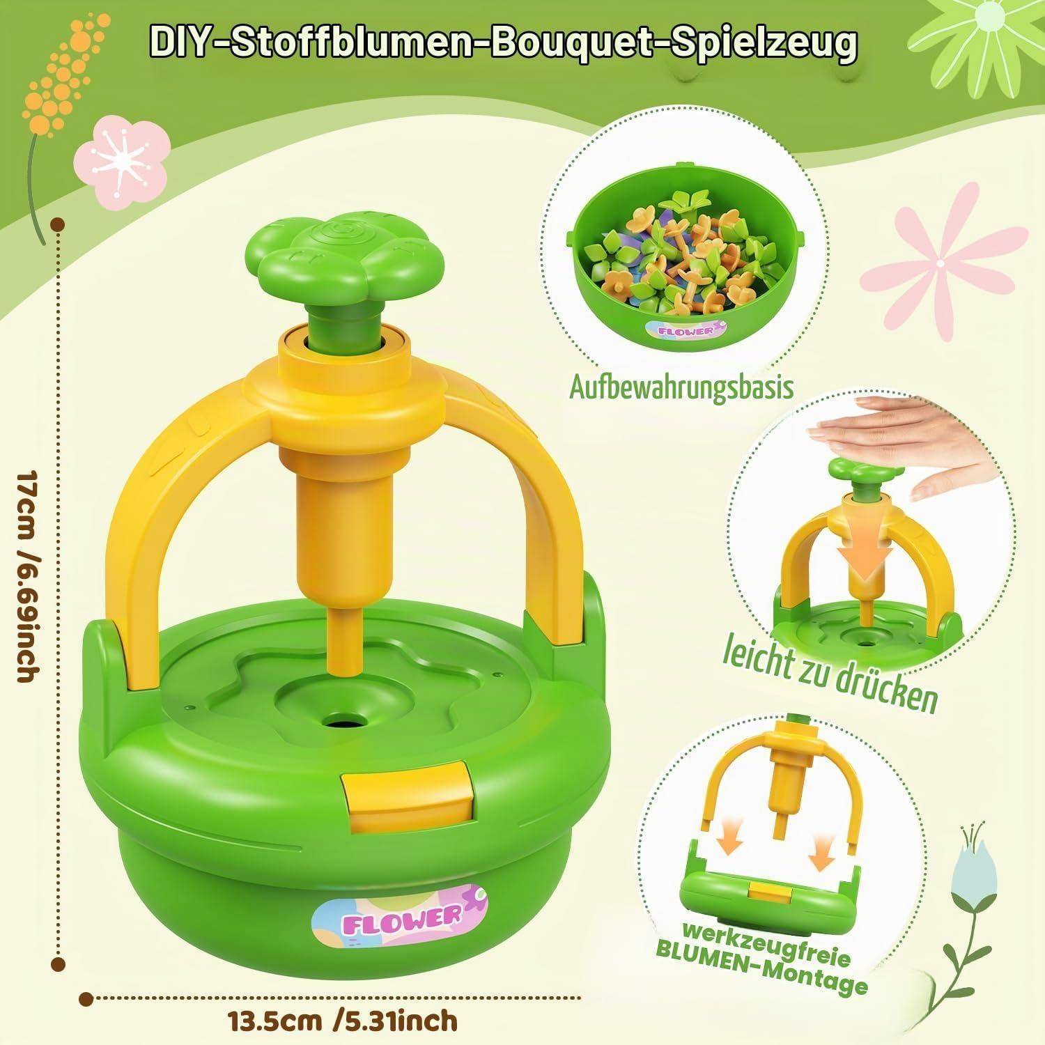 Diagramm eines DIY-Blumenstrauß-Spielzeugs mit einer grün-gelben Presse, einer Aufbewahrungsschale und einfacher, werkzeugfreier Blumenherstellung; Größe 17 cm x 13,5 cm.