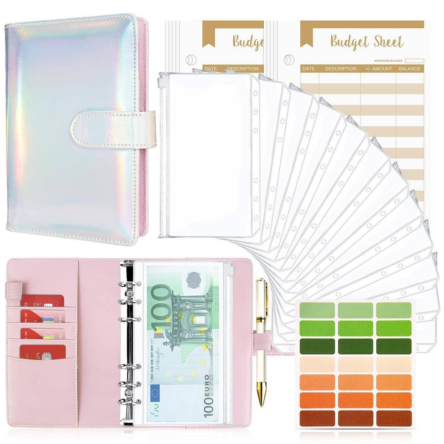 Holografisches rosafarbenes Budget-Ordner-Set mit Bargeld-Umschlag-Seiten, Budget-Arbeitsblättern, Kartensteckplätzen, Stift und farbigen Etiketten zur Ausgabenverfolgung.