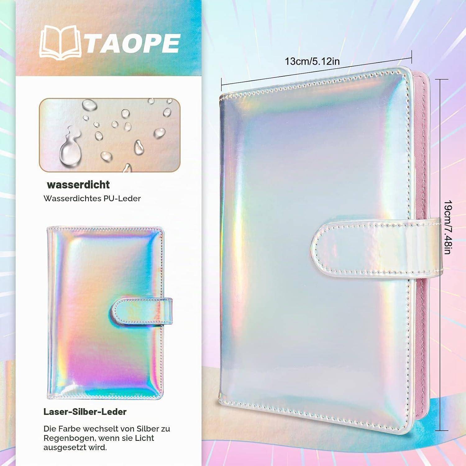 TAOPE holographischer PU-Leder-Notizbucheinband mit wasserfestem und farbwechselndem Silberfinish, Maße 13 cm x 19 cm.