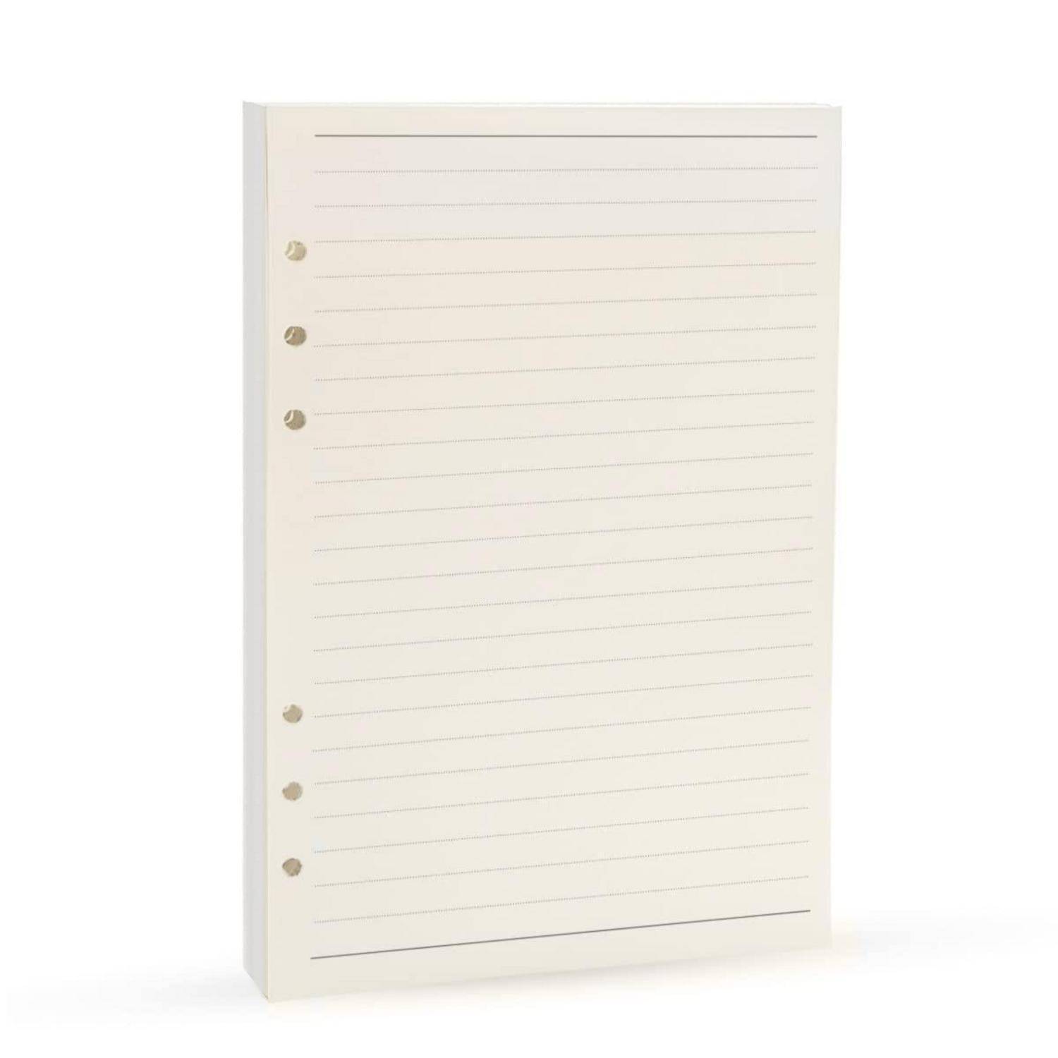 Liniertes Notizbuchpapier als Nachfüllpack mit drei Ringbuchlöchern auf der linken Seite, vor weißem Hintergrund dargestellt.