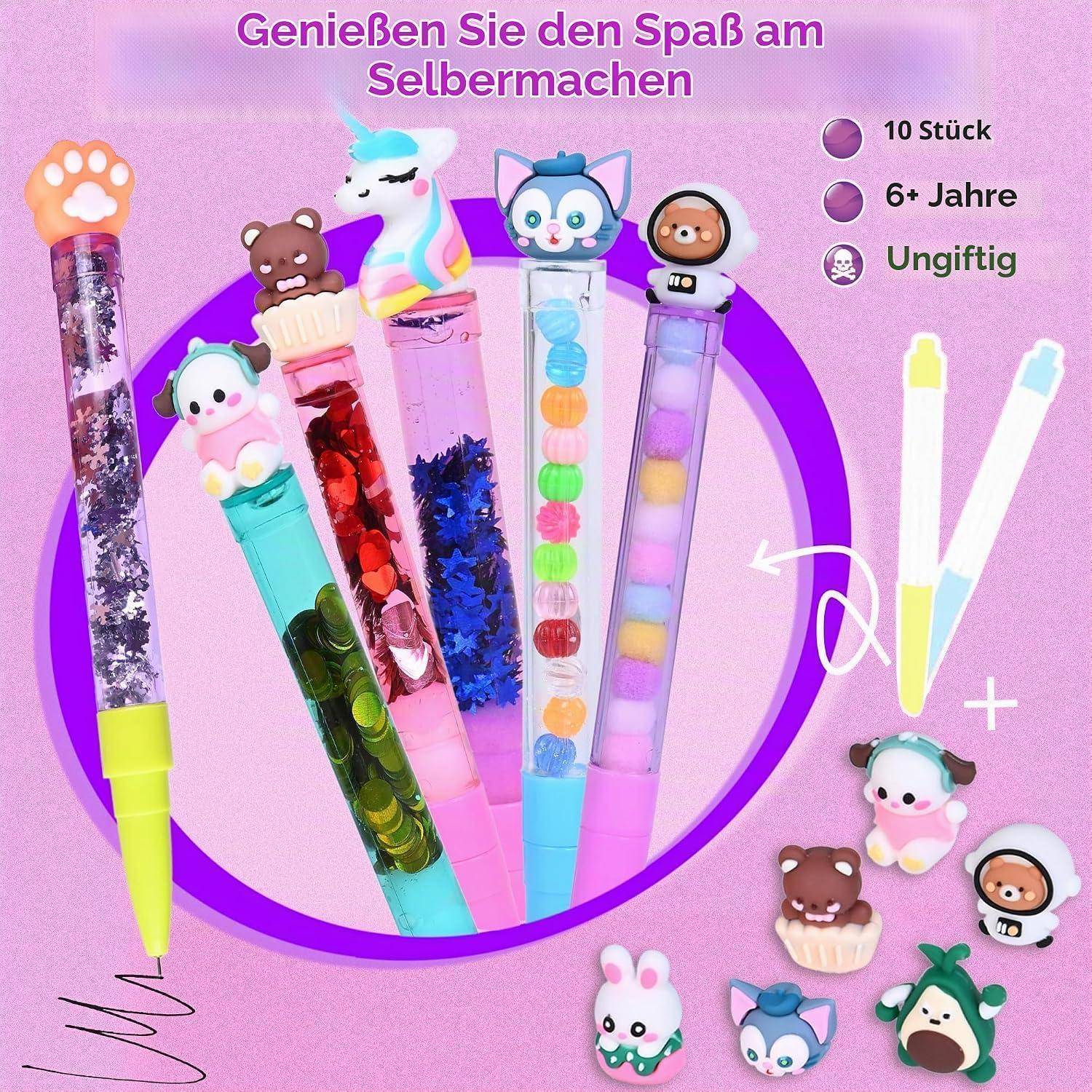 Angebot für 10 farbenfrohe DIY-Gelschreiber mit Tier-Aufsätzen; der Text besagt „Genießen Sie den Spaß, sich selbst zu gestalten