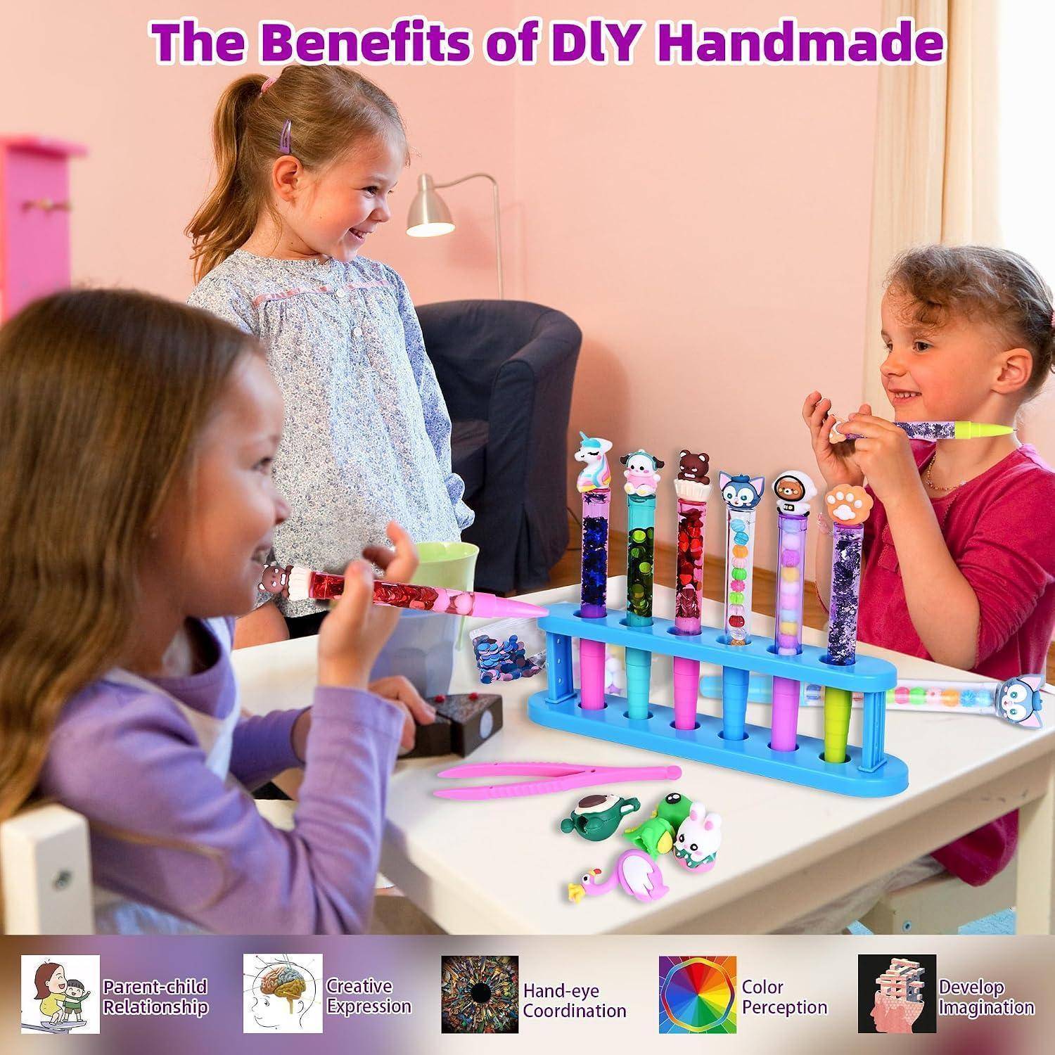 Drei Kinder fertigen und verzieren handgefertigte Basteleien an einem Tisch, mit dem Titel „Die Vorteile von DIY-Handwerk