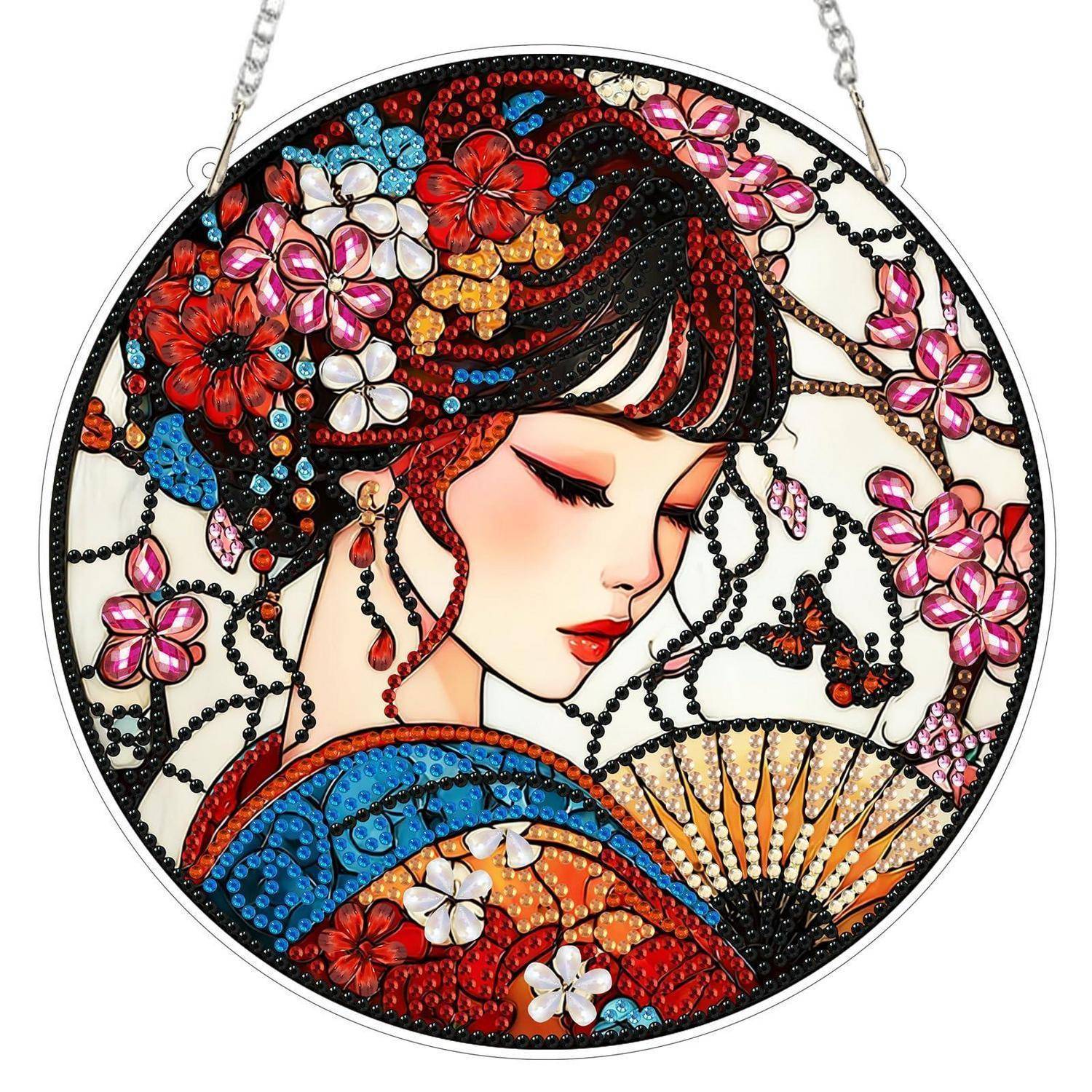 Rundes hängendes Dekorationsbild im Kunsthandwerk-Stil mit dem Profil einer Frau, floralem Haar, Schmetterlings- und Fächermotiven in lebhaftem Rot, Blau, Rosa und Gold.
