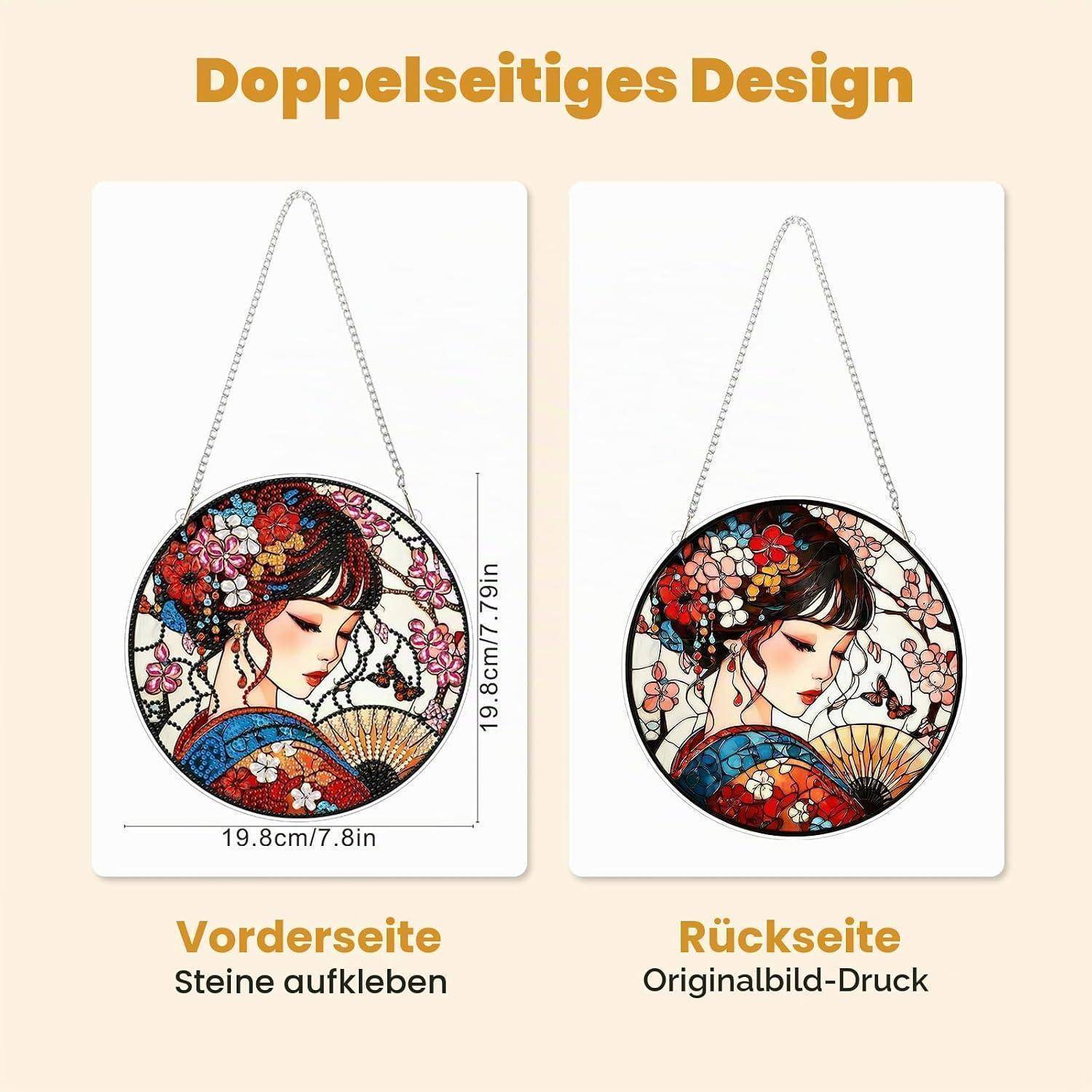 Grafik zeigt ein rundes hängendes Dekorationspaneel mit einem Frauenporträt auf Vorder- und Rückseite; Beschriftungen in Deutsch vermerken „Vorderseite Steine aufkleben" und „Rückseite Originalbilddruck"".