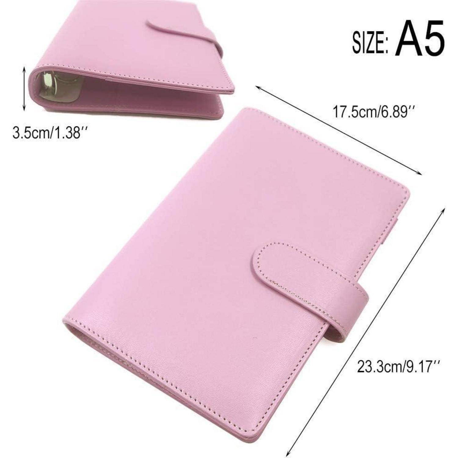 Rosa A5 Planner- oder Notizbucheinband, offen und geschlossen dargestellt, mit den gekennzeichneten Abmessungen 17,5 cm × 23,3 cm und 3,5 cm Dicke.