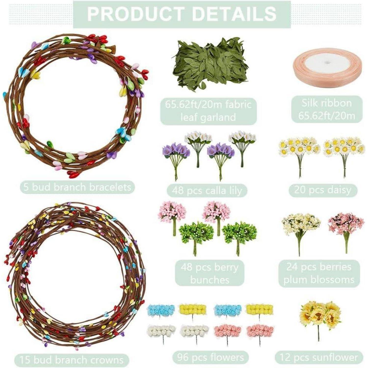 Produktdetails-Infografik mit Blumenhandwerksmaterialien: Astkunrze, Blattgirlande, Seidenband und assortierte Blumen in aufgelisteten Mengen.