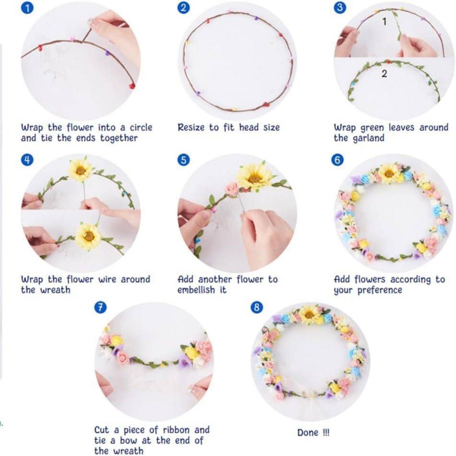 Schritt-für-Schritt-Diagramm zum Herstellen eines Blumenkranz-Stirnbands aus Draht, Blättern, Blumen und Band.