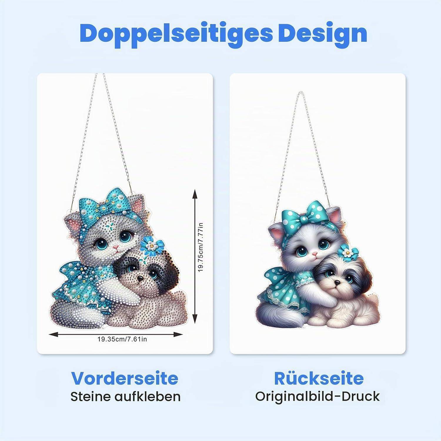 Nebeneinander angeordnete Produktabbildung, die Vorder- und Rückseite einer hängenden Katzendekoration zeigt: links ein mit Steinen bedecktes Diamantmalerei-Kunstwerk, rechts das gedruckte Originalbild, mit den Abmessungen 19,35 cm x 19,7 cm.
