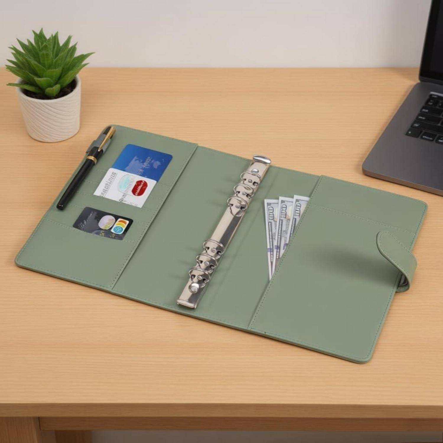 Offene grüne Ordner-Geldbörse auf einem Schreibtisch, mit Karten und Bargeld daneben neben einem Stift und Laptop, mit einer kleinen Topfpflanze in der Nähe.