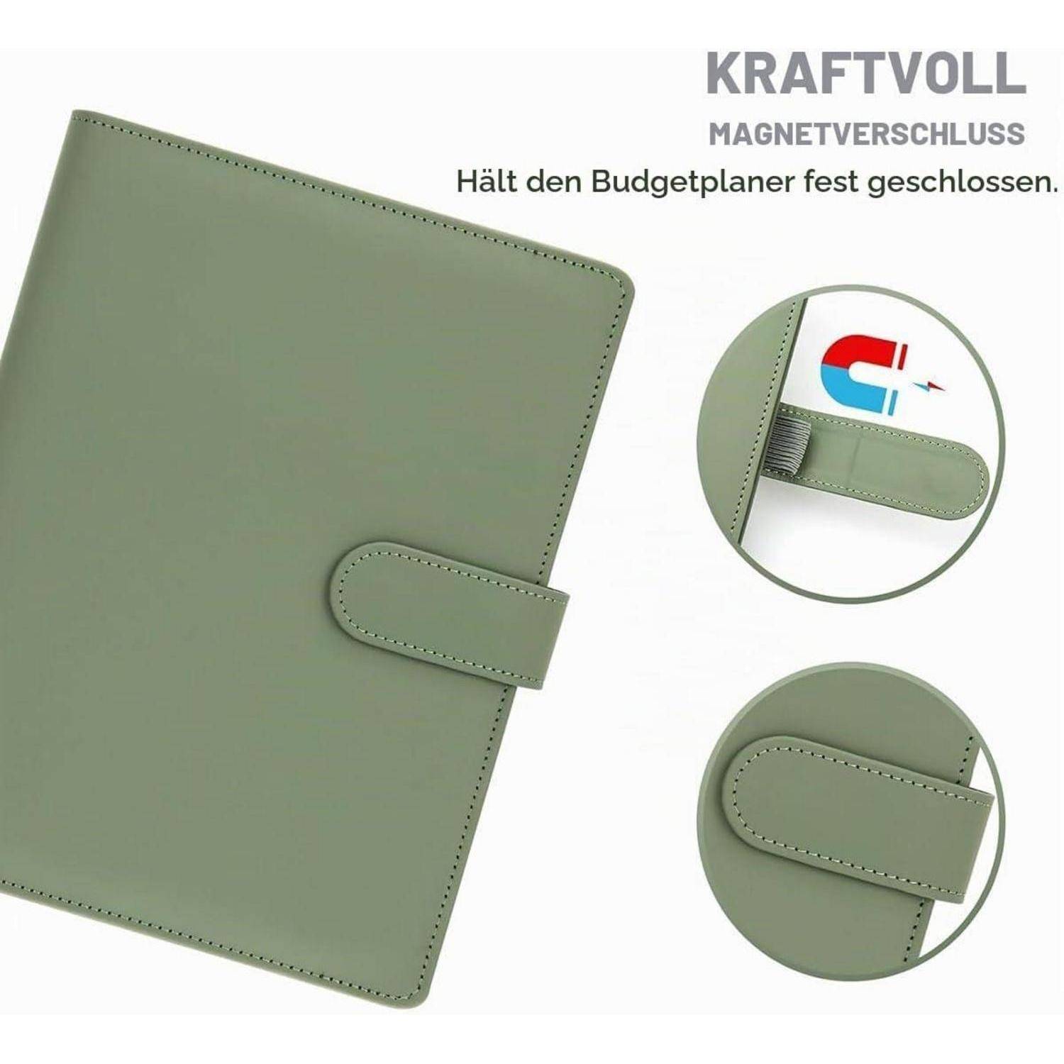 Grünes Budget-Planer-Notizbuch mit magnetischer Verschlussbande, geöffnet und in Nahaufnahme gezeigt. Der Text lautet „KRAFTVOLL MAGNETVERSCHLUSS