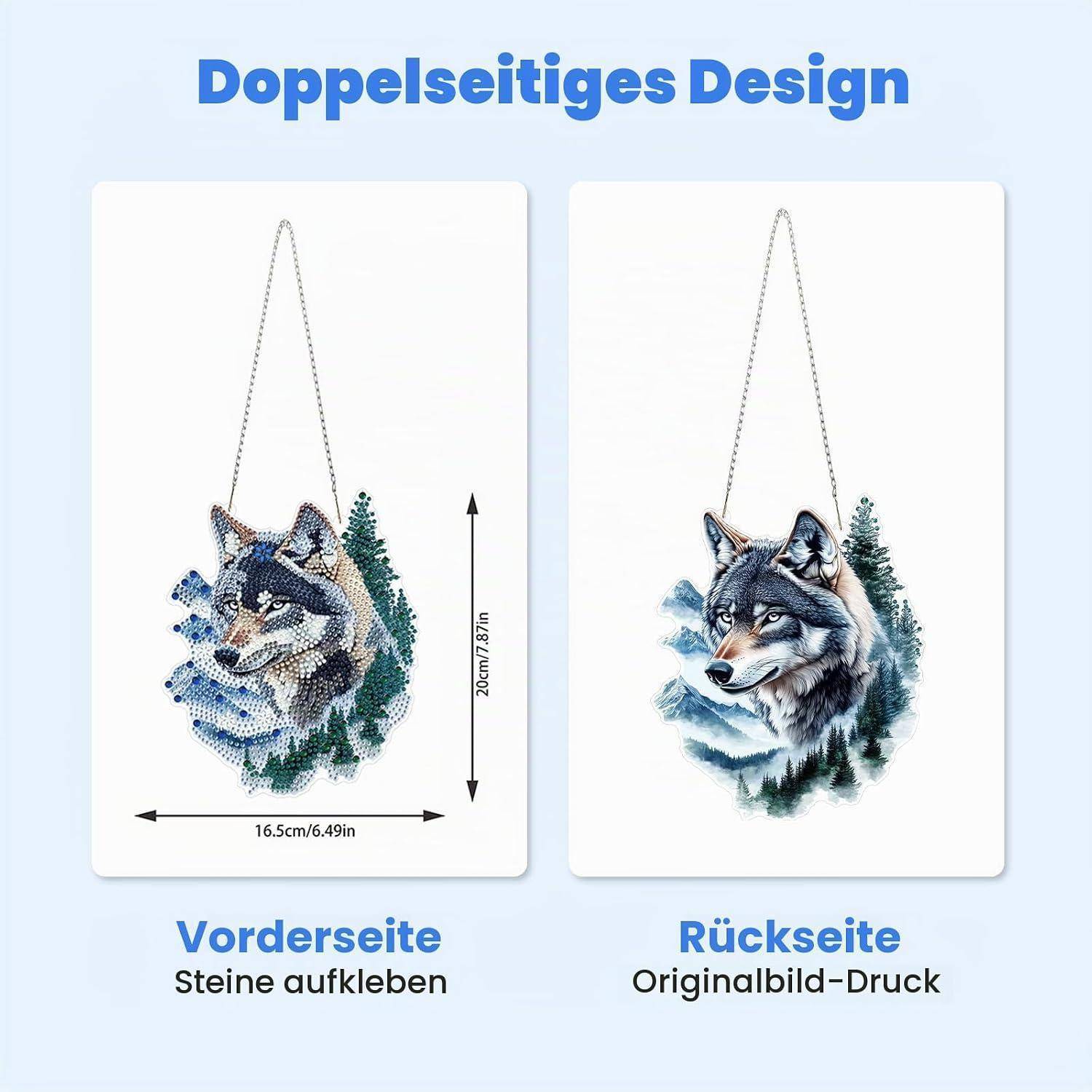 Grafik zeigt eine doppelseitige Wolfwandverkleidung: Die Vorderseite ist mit Perlen/Steinapplikationen verziert, die Rückseite zeigt das ursprüngliche gedruckte Bild, mit einer Größe von 20 cm mal 26 cm.
