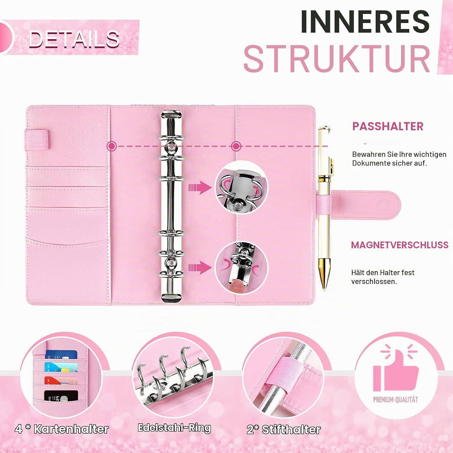 Rosa Ringbinder-Planer-Einsatz mit folgenden Details: 4 Kartensteckplätze, Edelstahlringe, 2 Stifthalter, Durchreißhalter und Magnetverschluss.