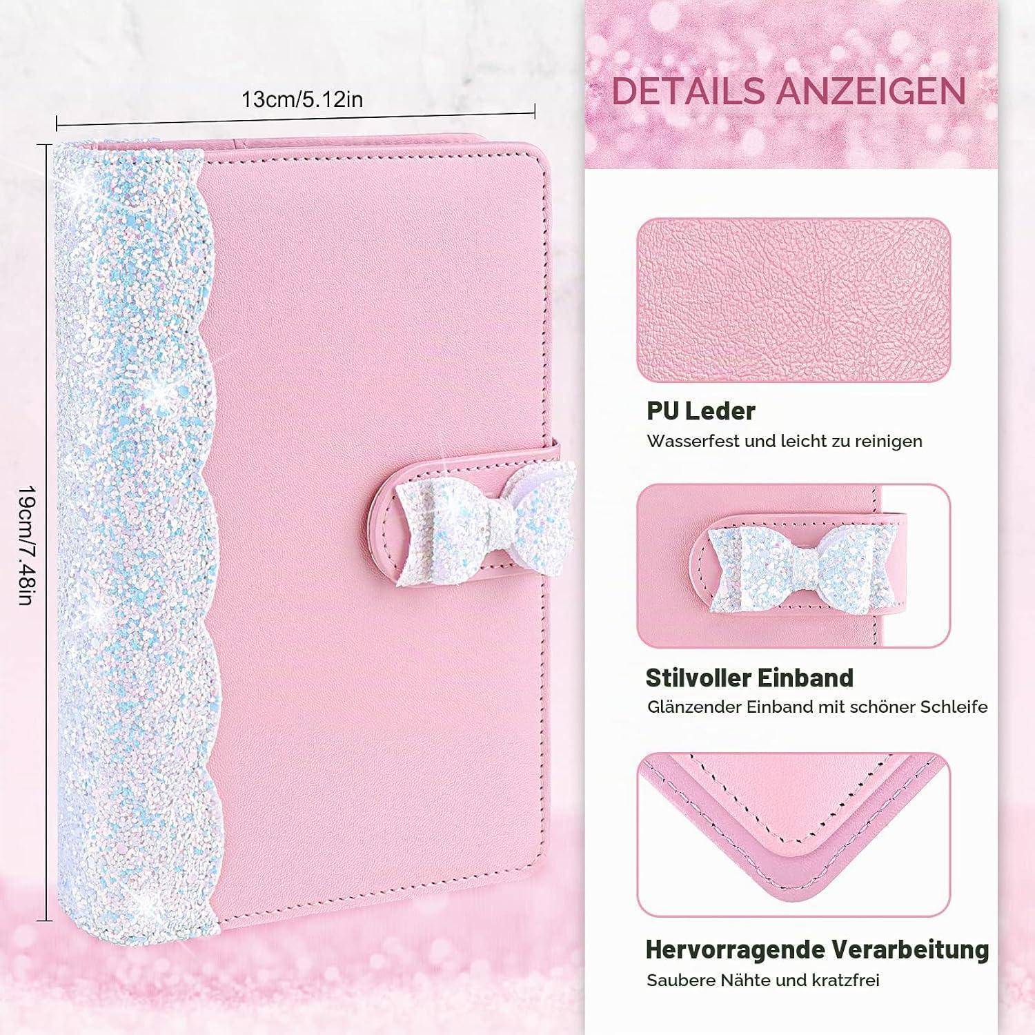 Rosa glitzernder PU-Leder-Notizbucheinband mit Schleifenverschluss, gezeigt mit Abmessungen von 13 cm x 19 cm und Detailausschnitten, die Material und Nähte hervorheben.