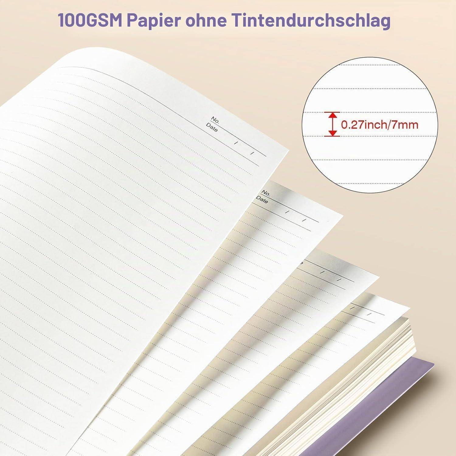 Stapel von liniertem Notizbuchpapier mit der Bezeichnung 100GSM, mit 7-mm-Zeilenabstand in einer Nahaufnahme gezeigt.